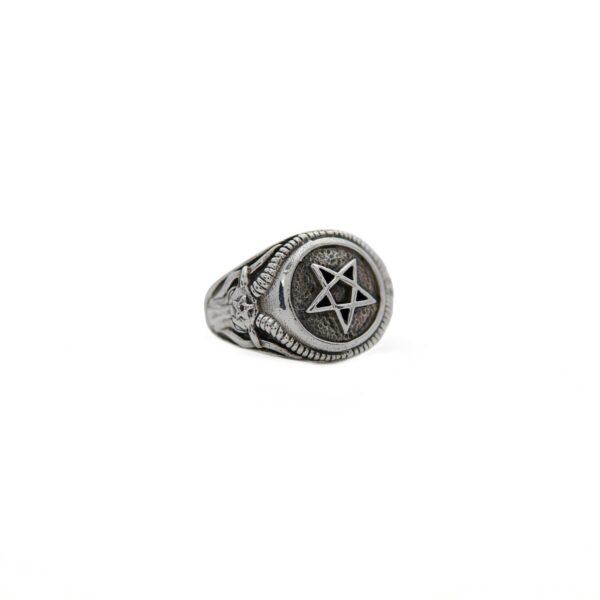 Pentagram Star with Ram’s Head Occult Sacred Symbols Gothic Medieval Talisman Sterling Silver 925 Ring