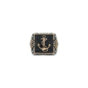 Anchor Sailor 925 Sterling Silver Men's Ring with black stones