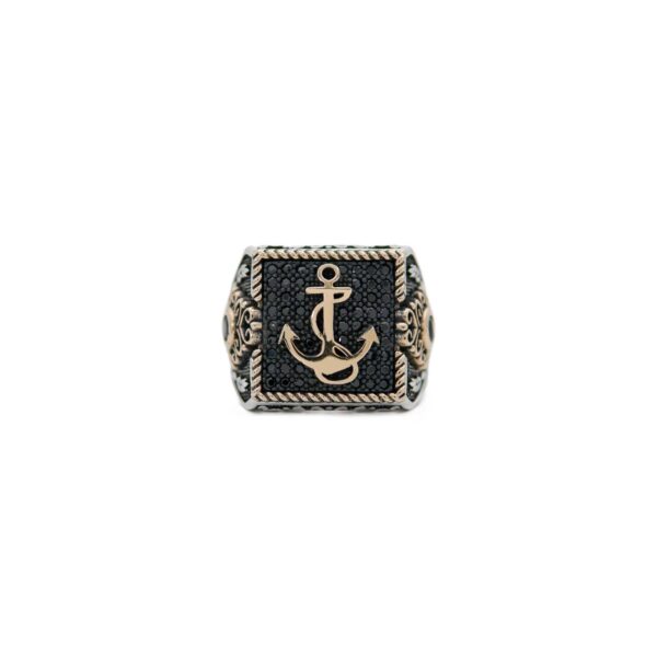 Anchor Sailor 925 Sterling Silver Men's Ring with black stones