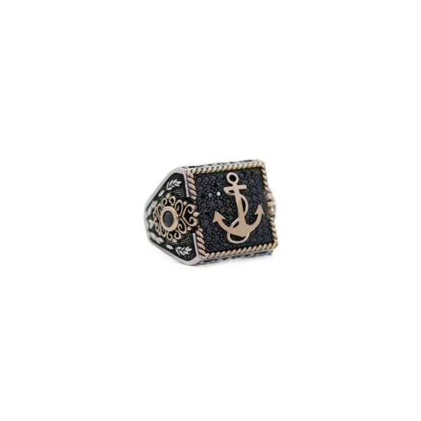 Anchor Sailor 925 Sterling Silver Men's Ring with black stones