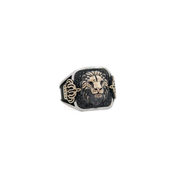 Lion Head King Crown Black Zircon Stones Sterling Silver Men's Ring 925