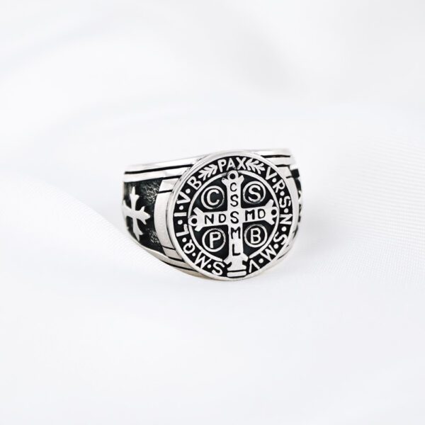 Saint Benedict Christian Cross Knights Templar Biblical Holy Symbol Mens Sterling Silver 925 Ring