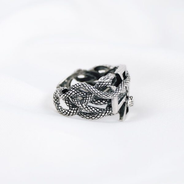 Iron Cross with Snakes Serpents Mens 925 Sterling Silver Ring