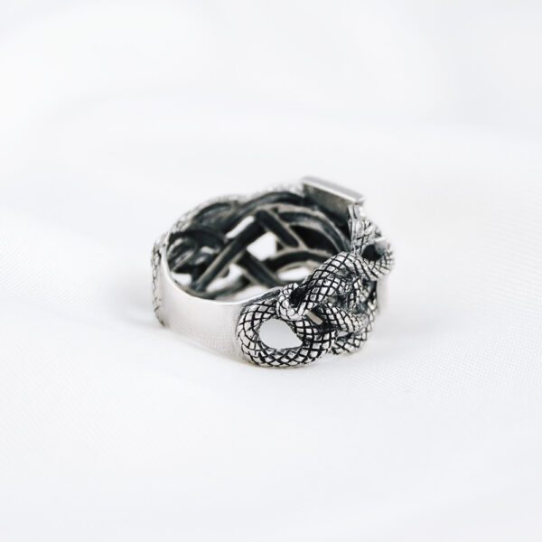 Iron Cross with Snakes Serpents Mens 925 Sterling Silver Ring