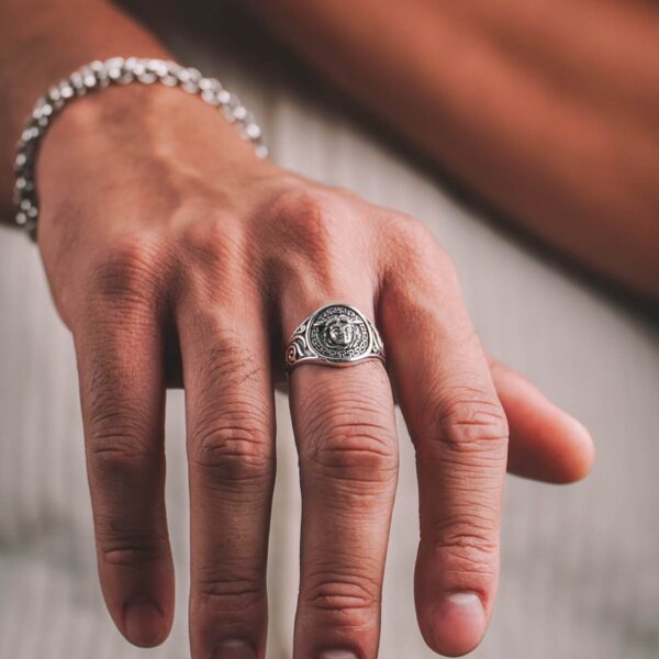 Medusa with Greek Key Silver Ring - Image 3