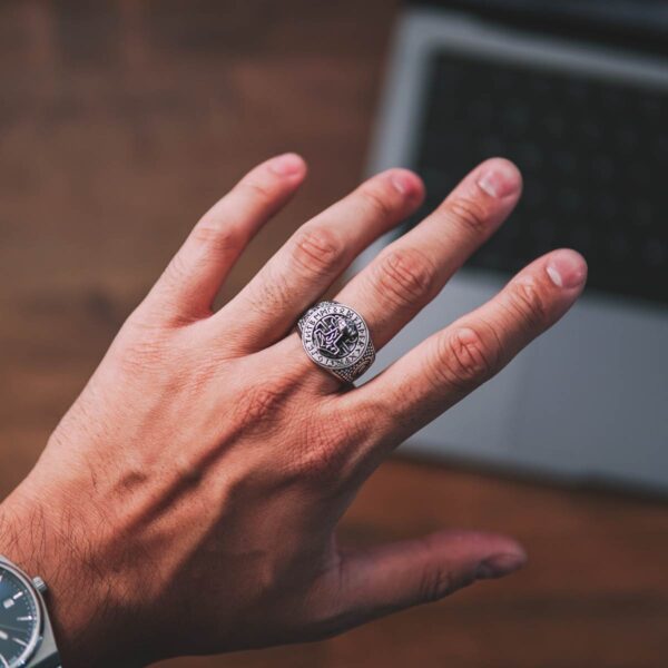 Viking Mjölnir with Futhark Runes Silver Ring - Image 3