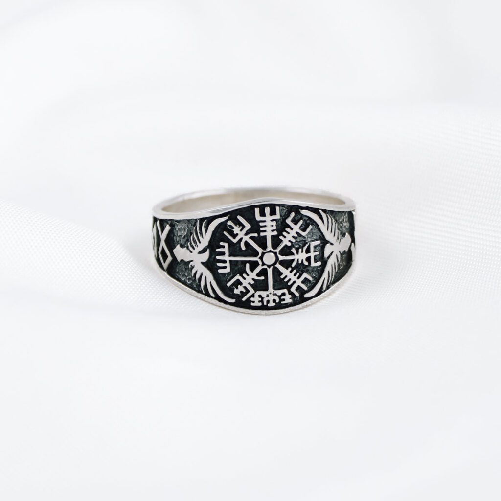 Vegvisir Viking Compass Rune Celtic Norse Symbol Odin Gungnir Sterling Silver 925 Mens Ring with Crows
