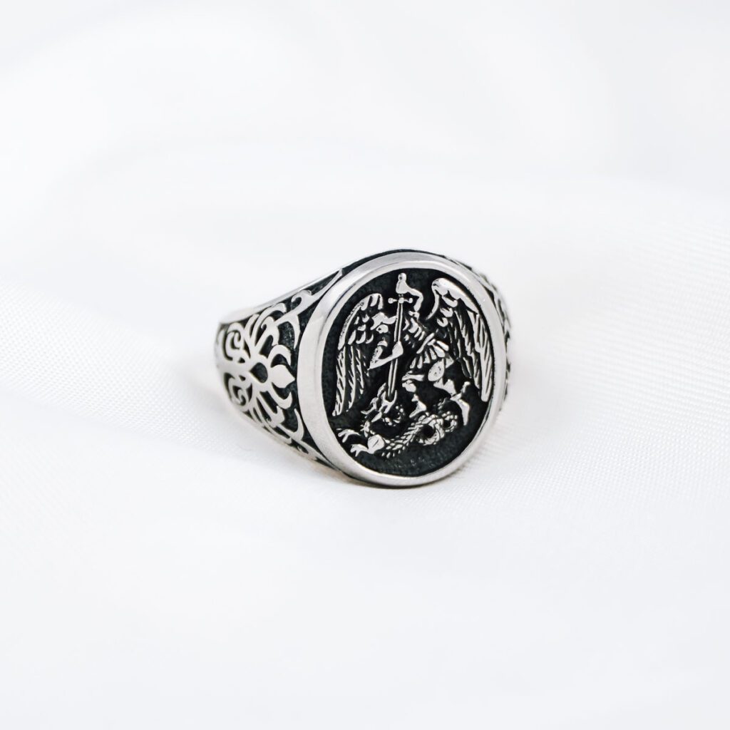 Saint Michael Archangel Christian Catholic Orthodox Angel Slaying Dragon 925 Sterling Silver Ring