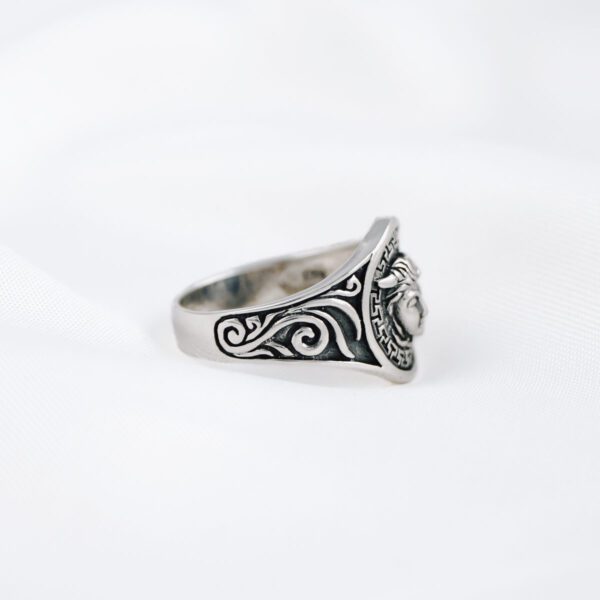 Medusa with Greek Key Silver Ring - Image 2