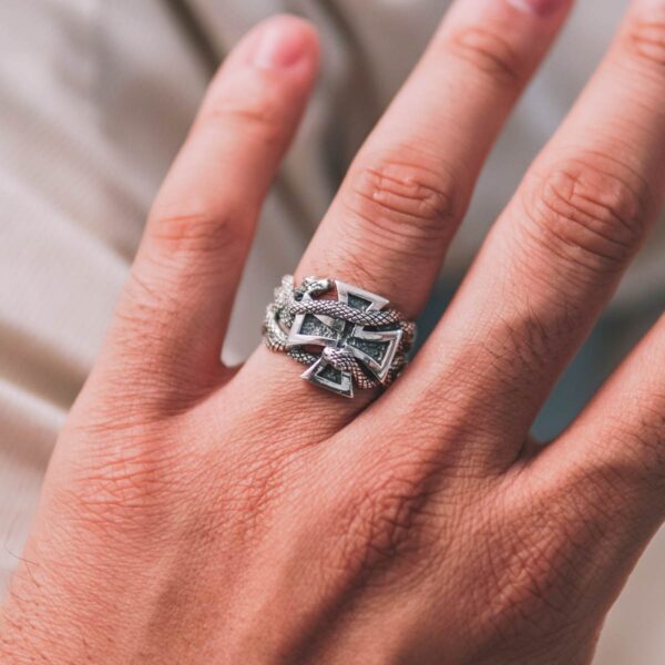 Iron Cross with Snakes Sterling Silver Ring - Image 4