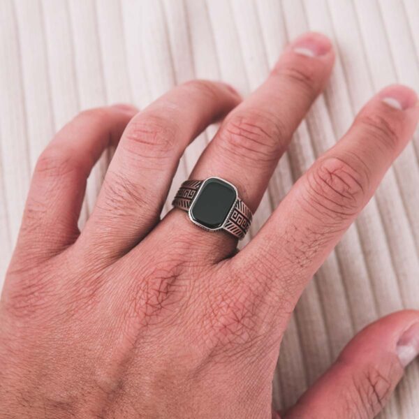 Onyx Silver Ring with Meandros 'Greek Key' - Image 3