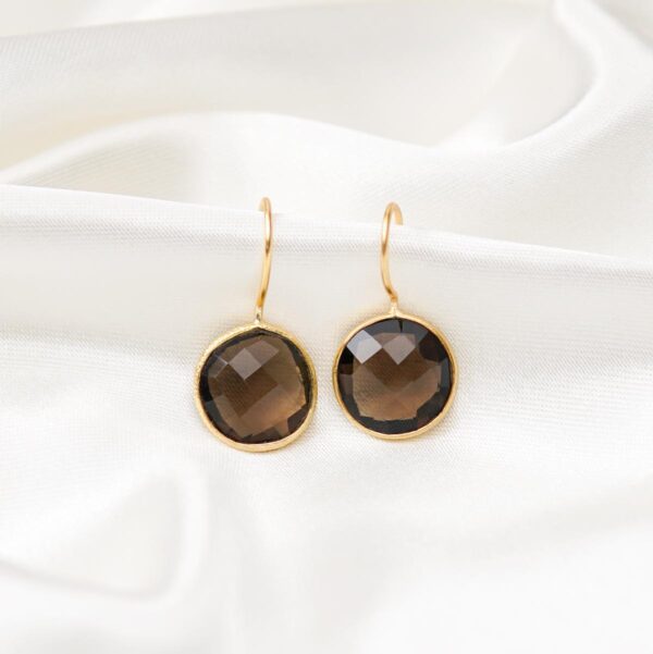 Smoky Quartz Stone Round Gold Plated Sterling Silver 925 Hook Earrings for Women Gift for Her