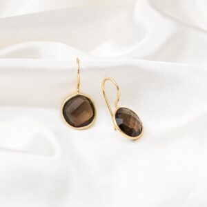 Smoky Quartz Stone Round Gold Plated Sterling Silver 925 Hook Earrings for Women Gift for Her