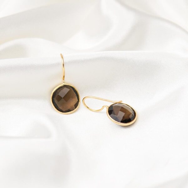 Smoky Quartz Stone Round Gold Plated Sterling Silver 925 Hook Earrings for Women Gift for Her