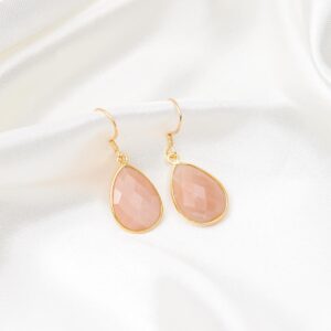 Peach Moonstone Stone Hook Earrings Gold Plated Sterling Silver 925 for Women Gift for Her