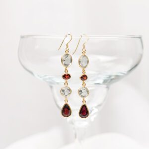 Crystal Clear Quartz with Garnet Stone Hanging Hook Earrings Gold Plated Sterling Silver 925 for Women Gift for Her