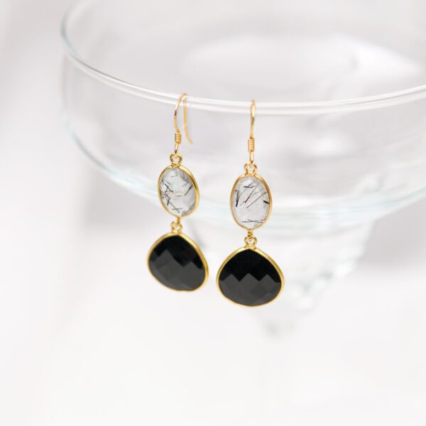 Onyx Stone with Tourmalated, Rutilated Quartz Gold Plated Sterling Silver 925 Hook Earrings for Women Gift for Her Drop Shape Teardrop