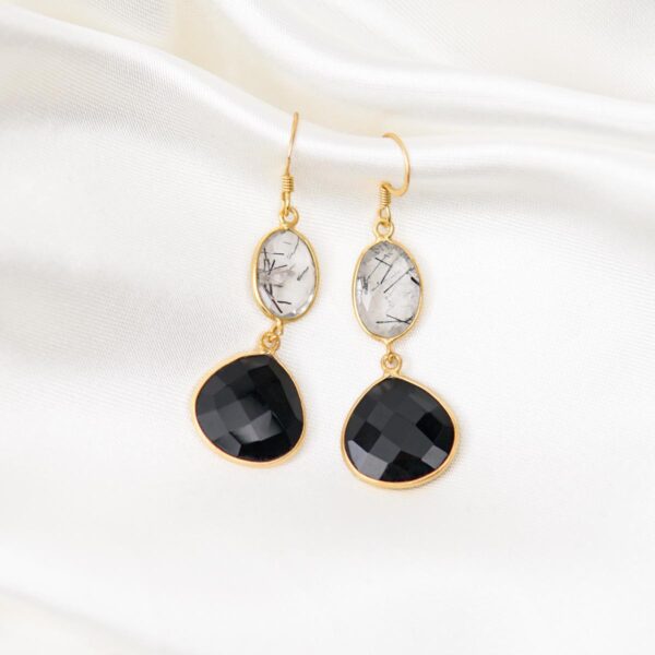 Onyx Stone with Tourmalated, Rutilated Quartz Gold Plated Sterling Silver 925 Hook Earrings for Women Gift for Her Drop Shape Teardrop