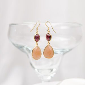 Peach Moonstone and Garnet Stone Gold Plated Sterling Silver 925 Hook Earrings for Women Gift for Her