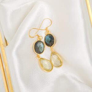 Labradorite and Teardrop Lemon Quartz Gold Plated Sterling Silver 925 Hook Earrings for Women Gift for Her