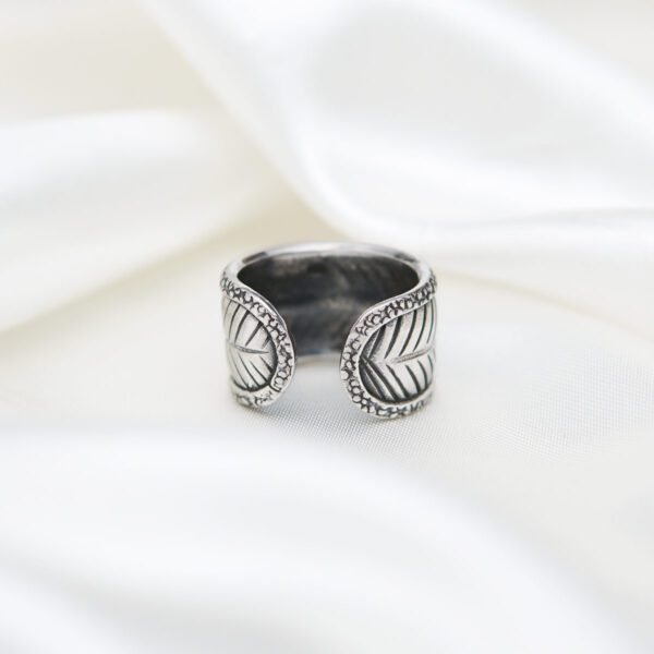 Boho Adjustable Band Feather Leaf Sterling Silver Ring for Women Gift