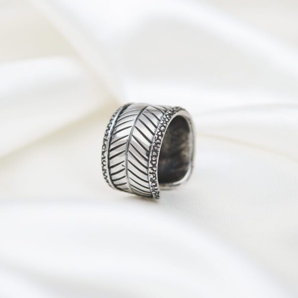 Boho Adjustable Band Feather Leaf Sterling Silver Ring for Women Gift