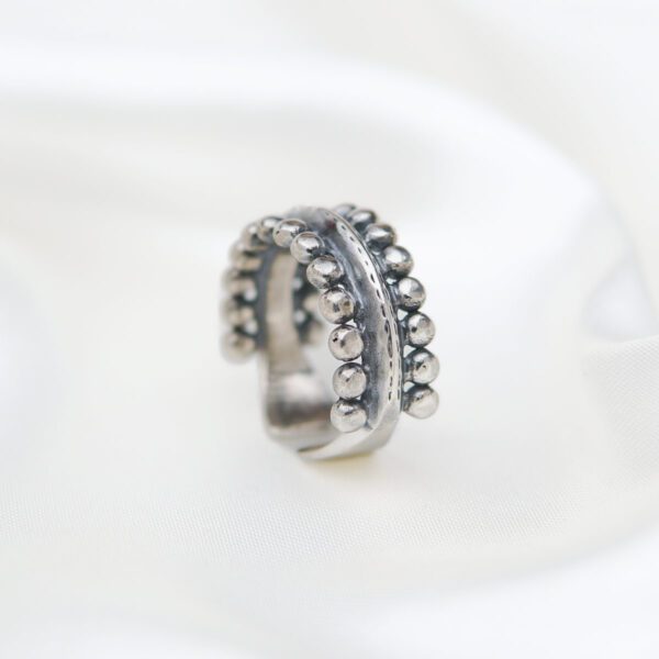 Double Row Beaded Tribal Adjustable Sterling Silver 925 Ring