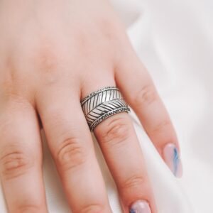 Boho Adjustable Band Feather Leaf Sterling Silver Ring for Women Gift
