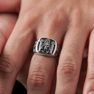Masonic Sterling Silver Ring with Skull and Pillars for men and women freemason